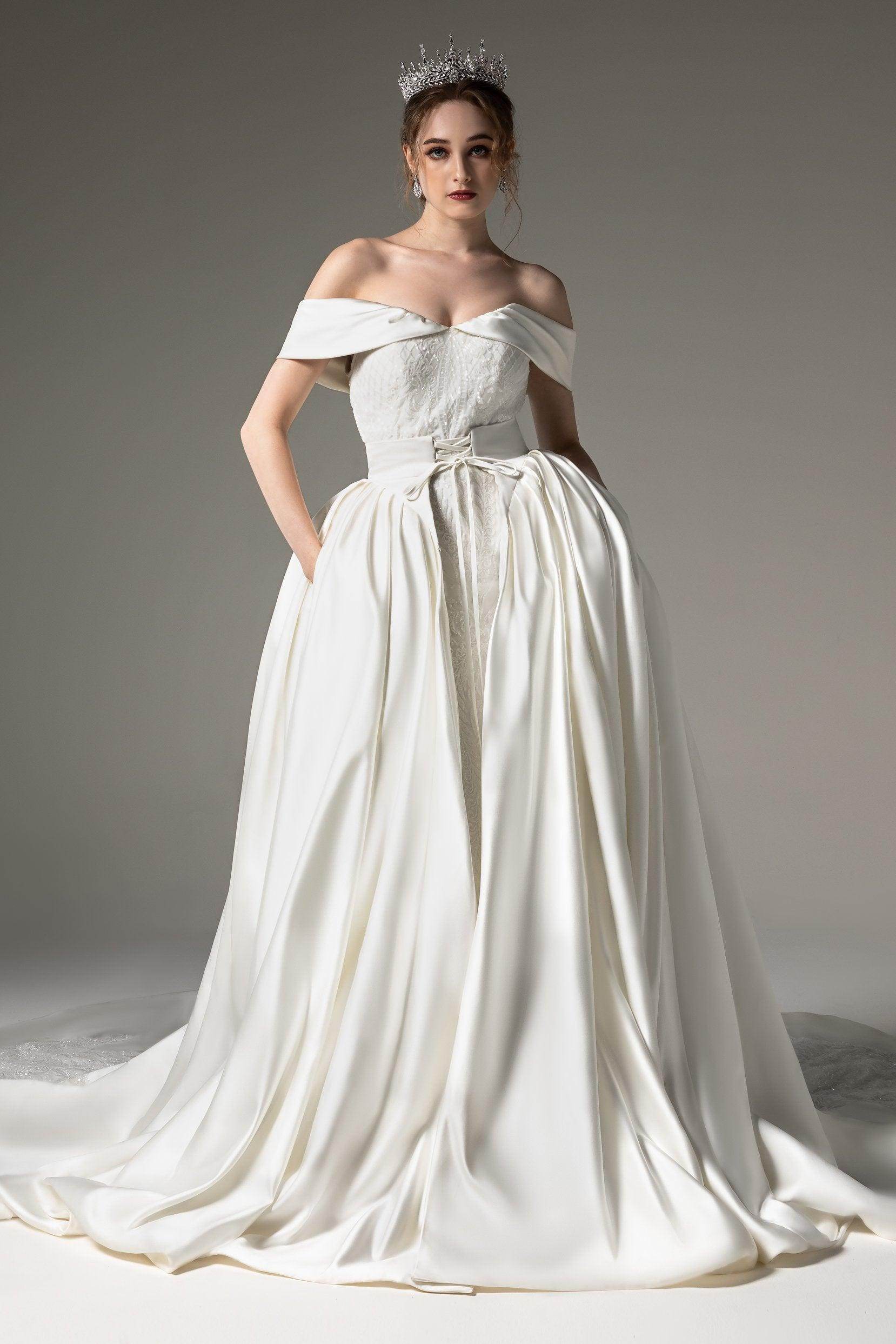 Princess Chapel Train Satin Wedding Dress CW2512 - COCOMELODY